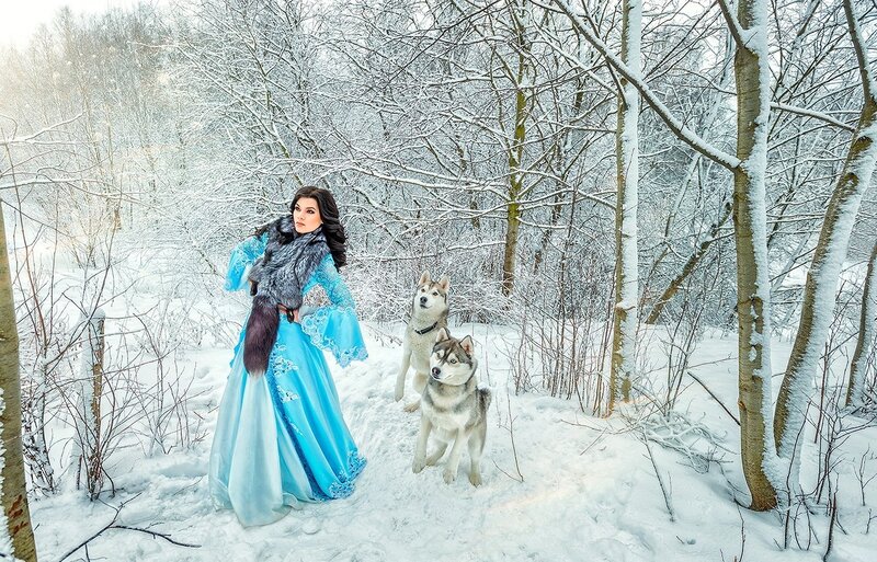 Woman in Blue Dress with Huskies — Serene, Winter