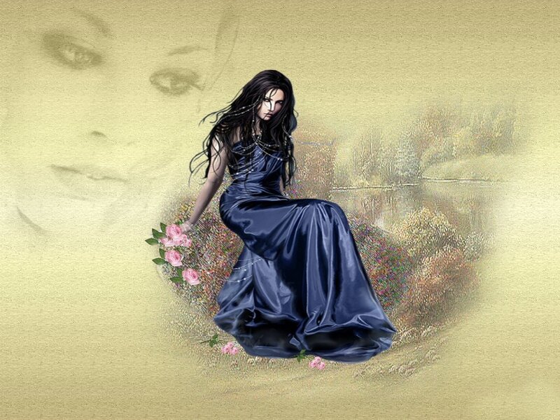 woman in blue dress with roses