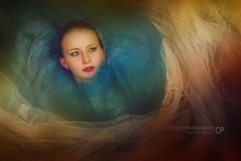 Woman in Blue Fabric — Dramatic, Photograph, Makeup