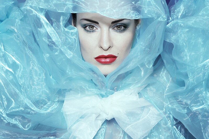 Woman in Blue Fabric — Dramatic, Photograph