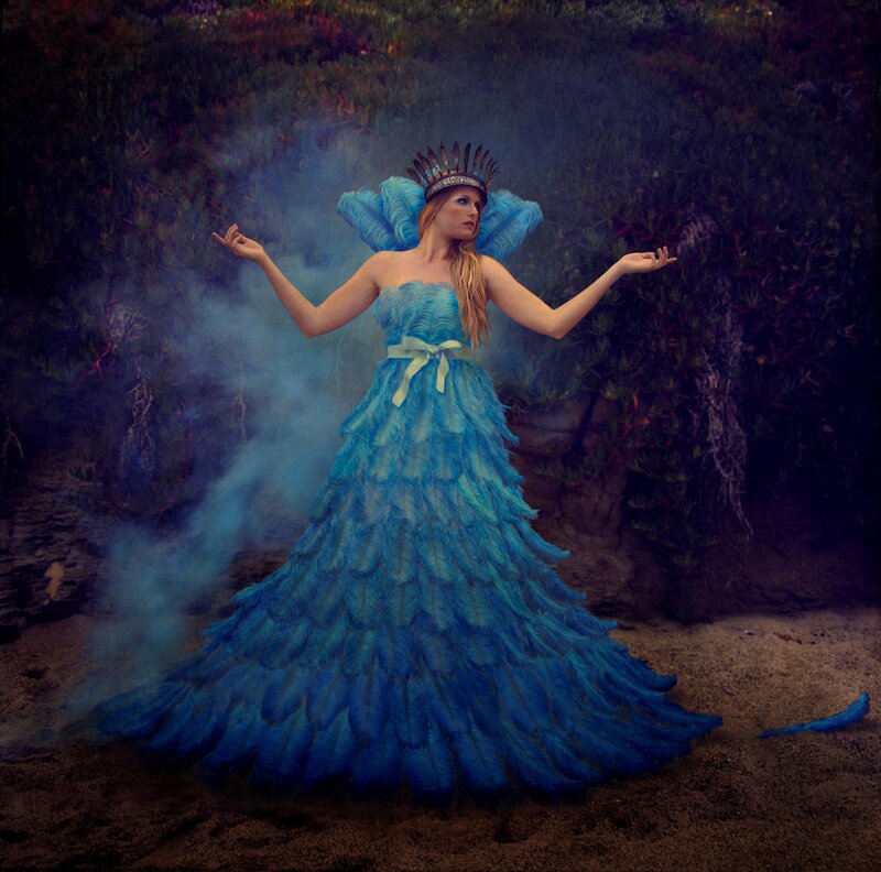 Woman in Blue Feather Dress — Dramatic