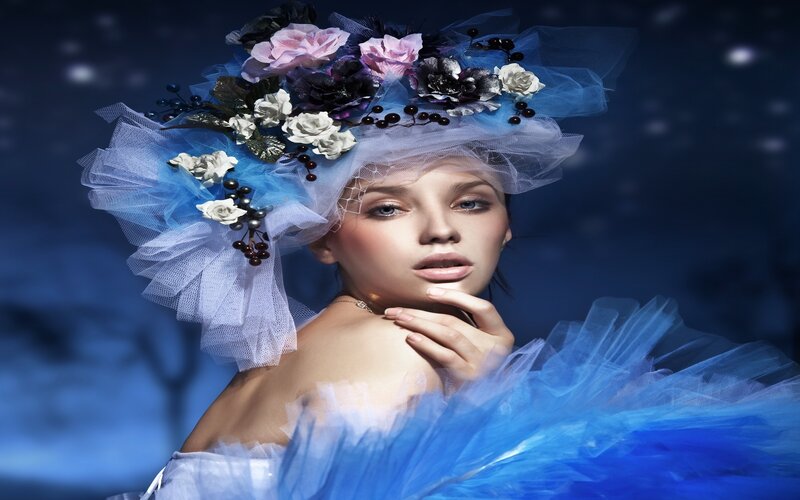 Woman in Blue Floral Hat