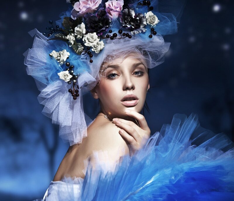 Woman in Blue Floral Headdress — Dramatic