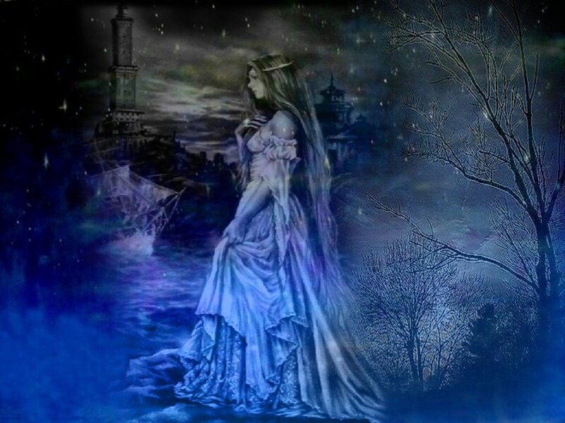 woman in blue gown at night