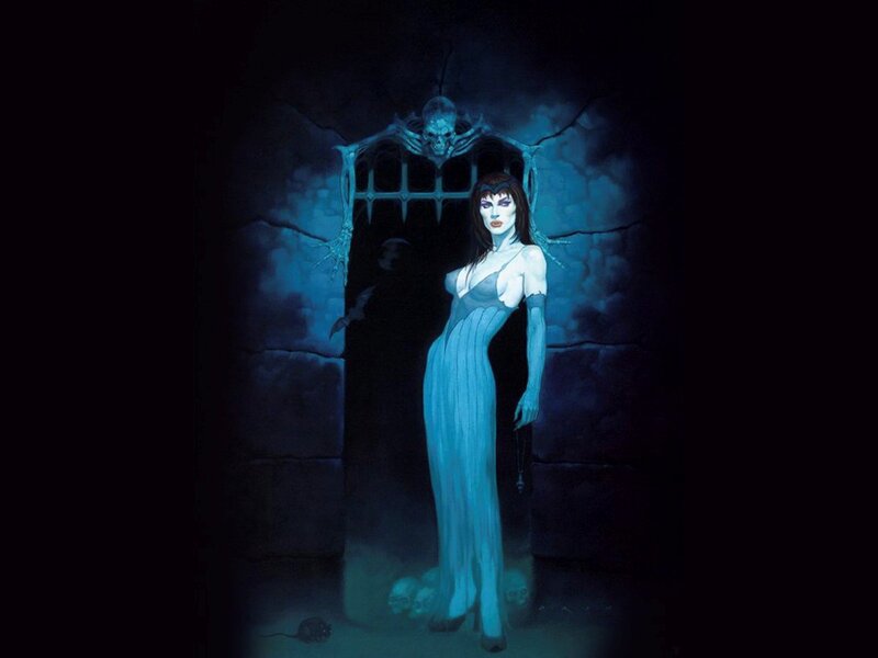 woman in blue gown by skull gate