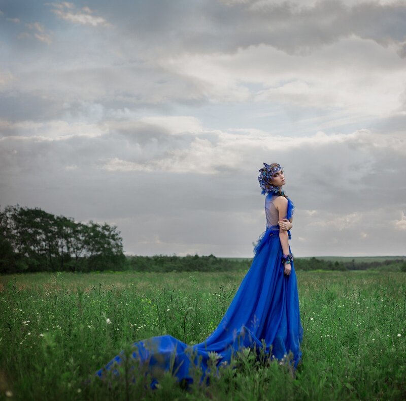 Woman in Blue Gown — Dramatic, Afternoon, Photograph, Field
