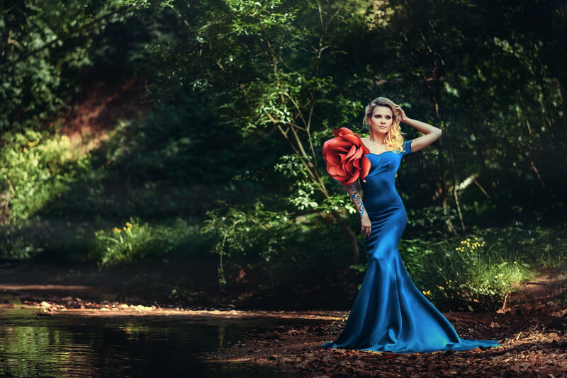 Woman in Blue Gown — Dramatic, Afternoon, Photograph, Flower