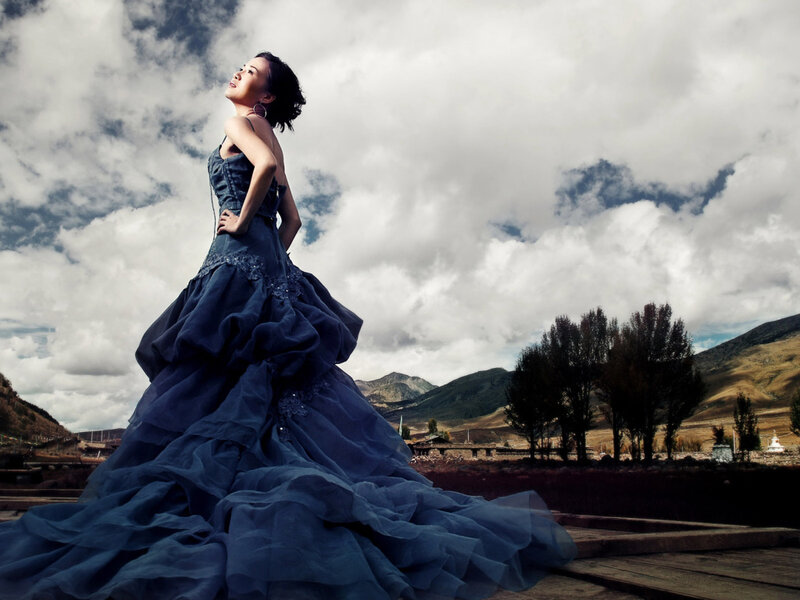 Woman in Blue Gown — Dramatic, Afternoon, Photograph, Mountains
