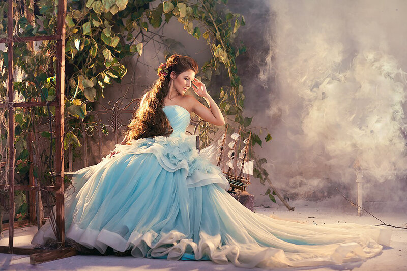 Woman in Blue Gown — Dramatic, Afternoon, Photograph, Smoke