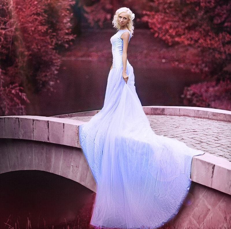 Woman in Blue Gown — Dramatic, Autumn, Photograph, Bridge