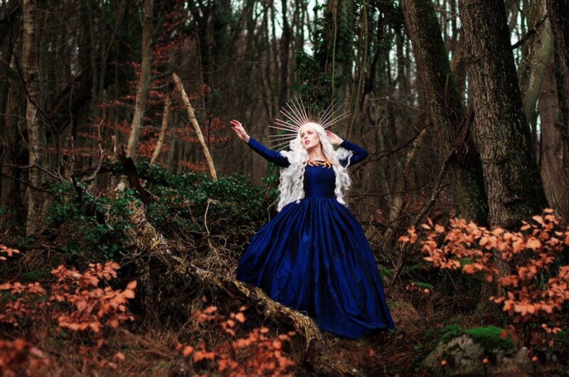 Woman in Blue Gown — Dramatic, Autumn, Photograph, Forest