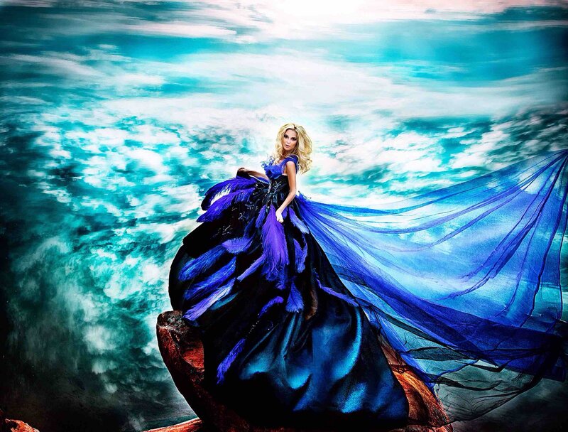 Woman in Blue Gown — Dramatic, Digital Art, Dress, Feathers