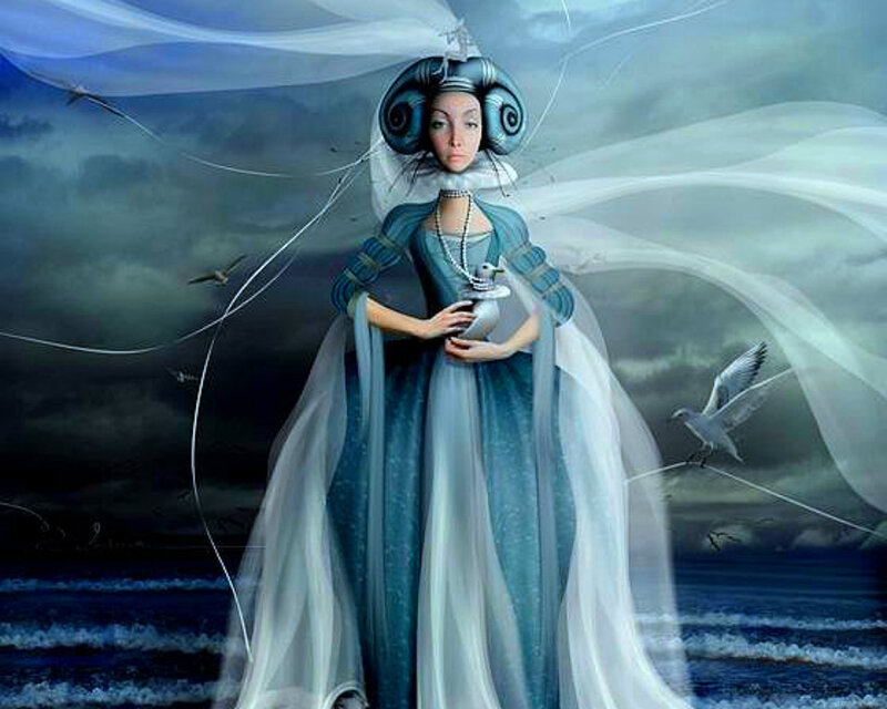 Woman in Blue Gown — Dramatic, Digital Art, Seagulls