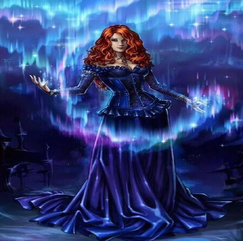 Woman in Blue Gown — Dramatic, Night, Digital Art, Aurora Borealis