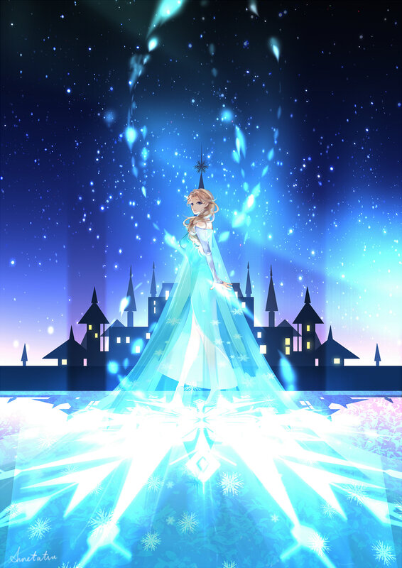 Woman in Blue Gown — Dramatic, Night, Digital Art, Castle, Snowflakes