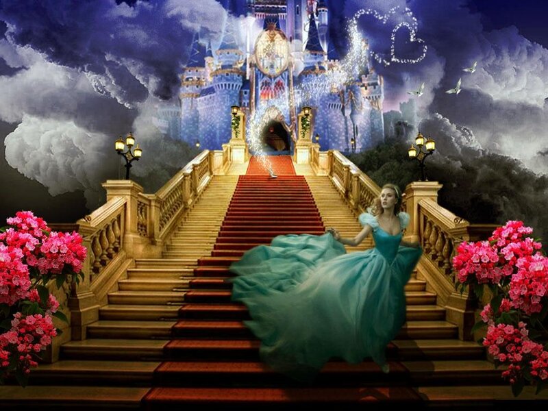 Woman in Blue Gown — Dramatic, Night, Digital Art, Castle, Stairs