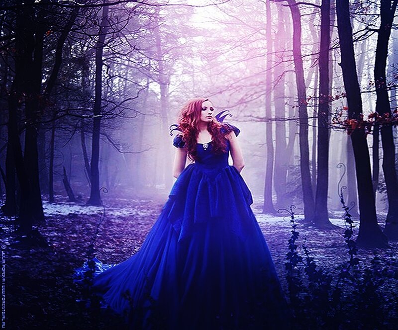 Woman in Blue Gown — Dramatic, Night, Digital Art, Forest