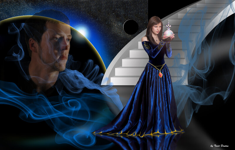 Woman in Blue Gown — Dramatic, Night, Digital Art, Man's Face