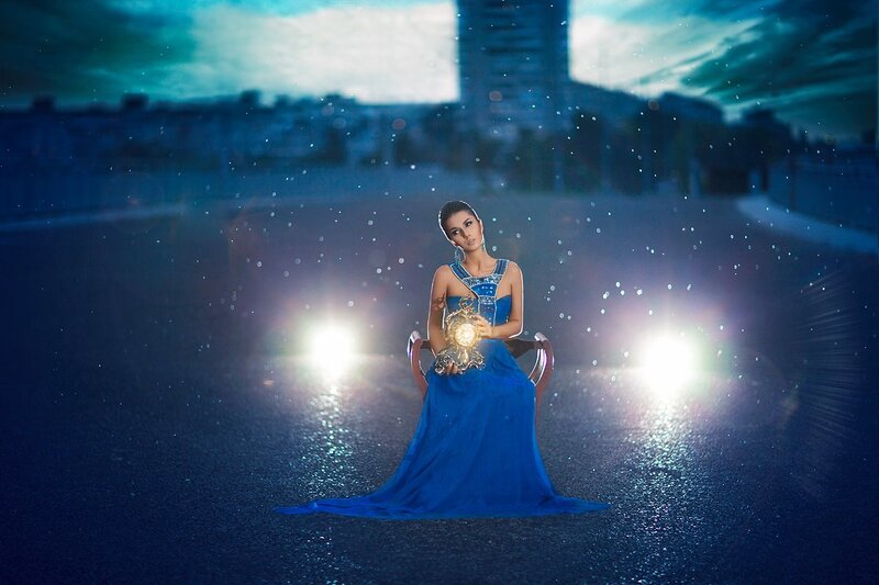 Woman in Blue Gown — Dramatic, Night, Photograph, Chair