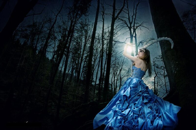Woman in Blue Gown — Dramatic, Night, Photograph, Forest, Antlers