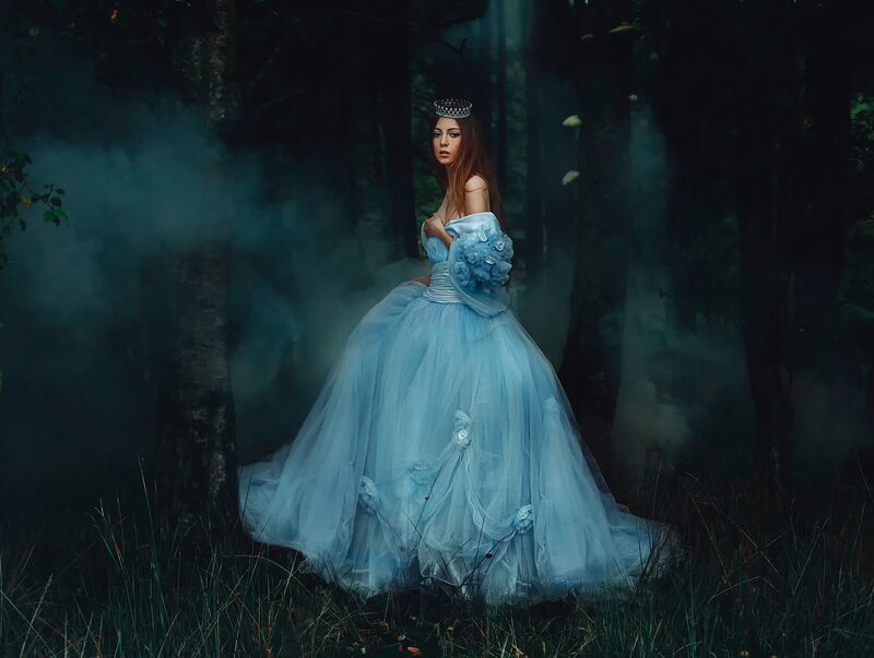 Woman in Blue Gown — Dramatic, Night, Photograph, Forest, Smoke