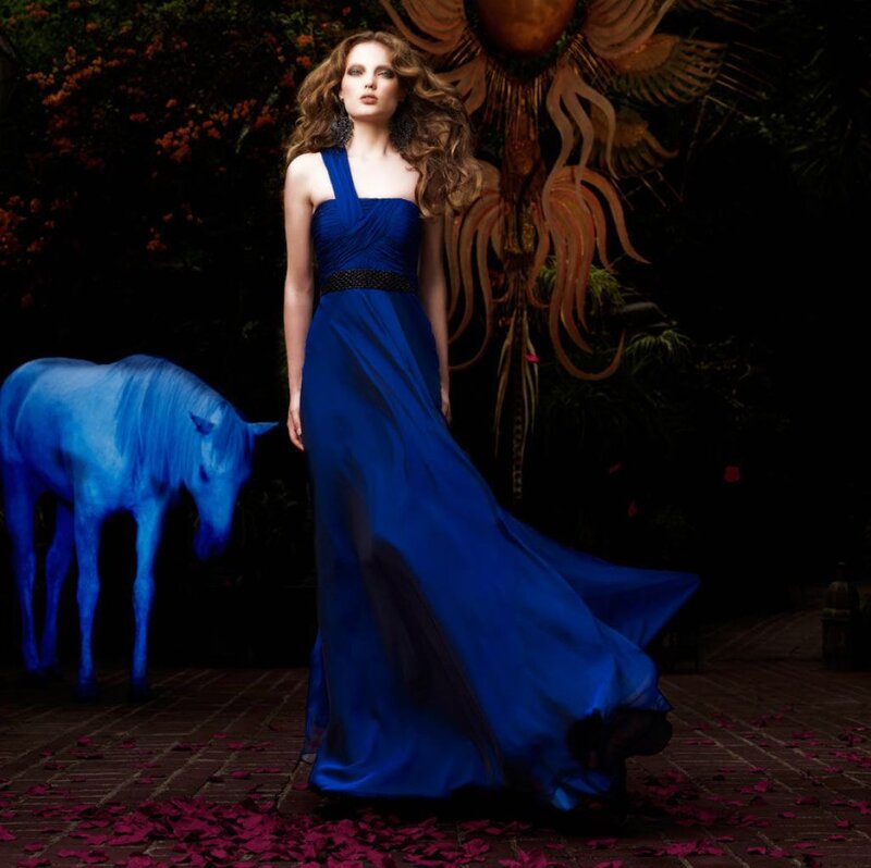 Woman in Blue Gown — Dramatic, Night, Photograph, Horse