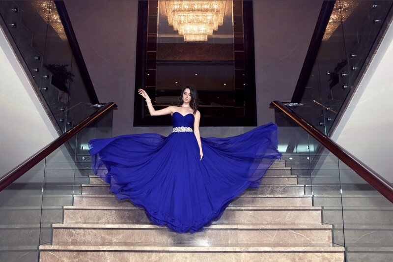 Woman in Blue Gown — Dramatic, Night, Photograph, Stairs