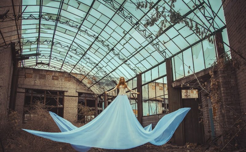 Woman in Blue Gown — Dramatic, Photograph, Abandoned Building