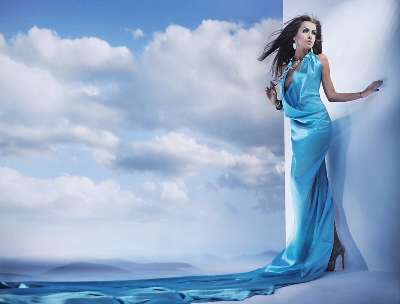 Woman in Blue Gown — Dramatic, Photograph, Dress, Clouds