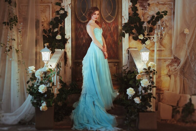 Woman in Blue Gown — Dramatic, Photograph, Flowers, Lanterns