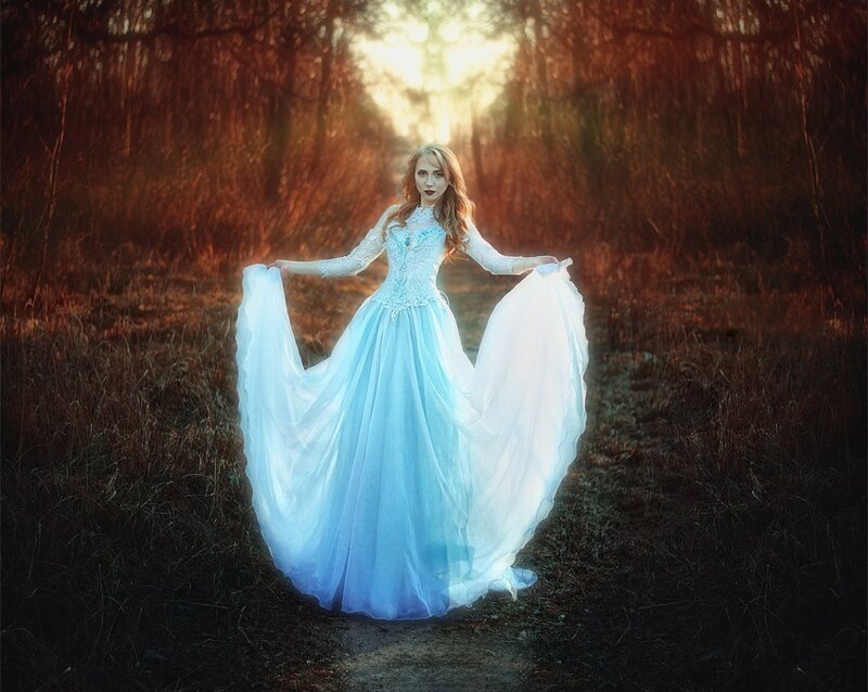 Woman in Blue Gown — Dramatic, Sunset, Photograph, Forest