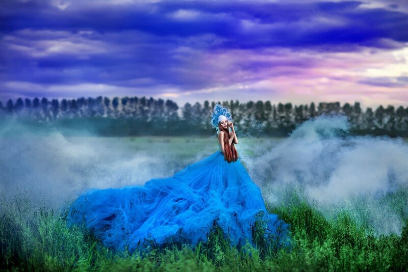 Woman in Blue Gown — Dramatic, Sunset, Photograph, Smoke