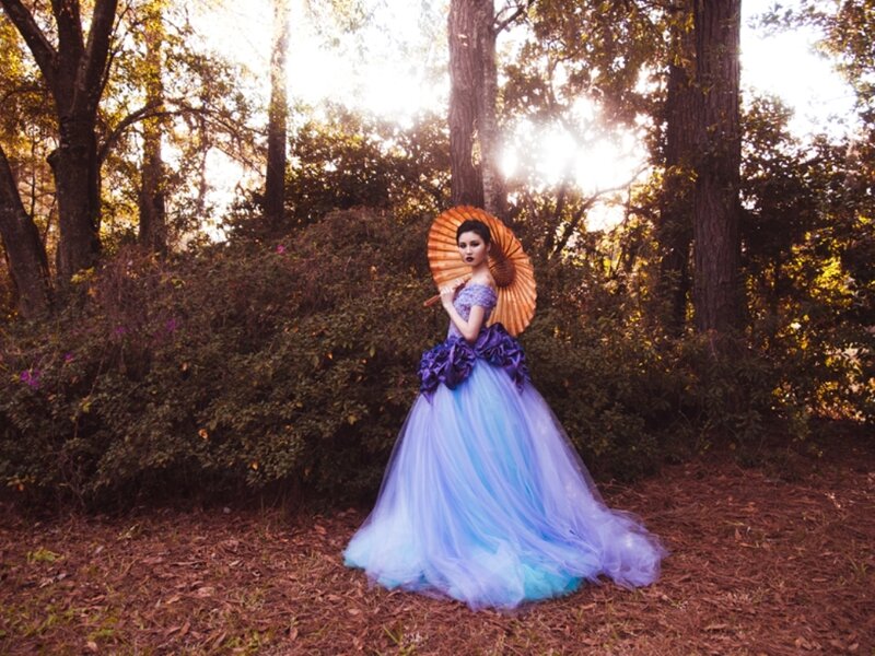 Woman in Blue Gown — Dramatic, Sunset, Photograph, Umbrella