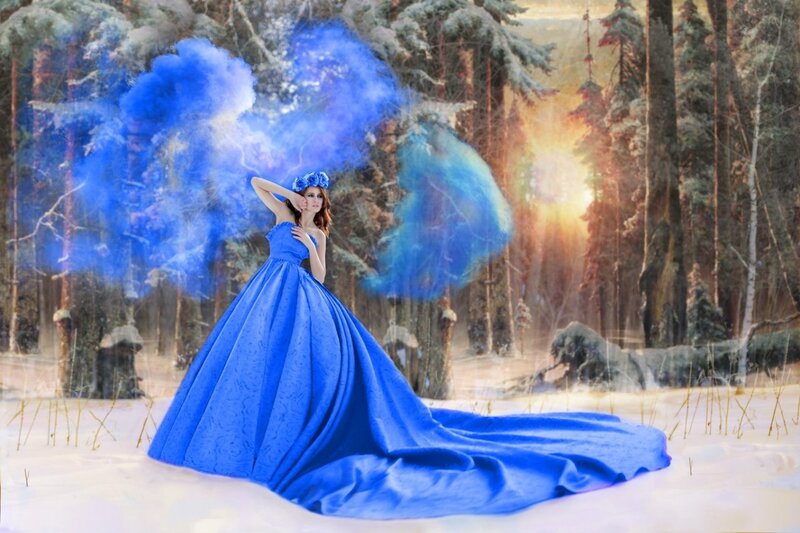 Woman in Blue Gown — Dramatic, Winter, Digital Art, Forest
