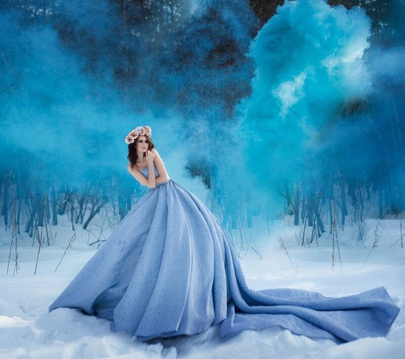 Woman in Blue Gown — Dramatic, Winter, Photograph, Flower Crown, Smoke