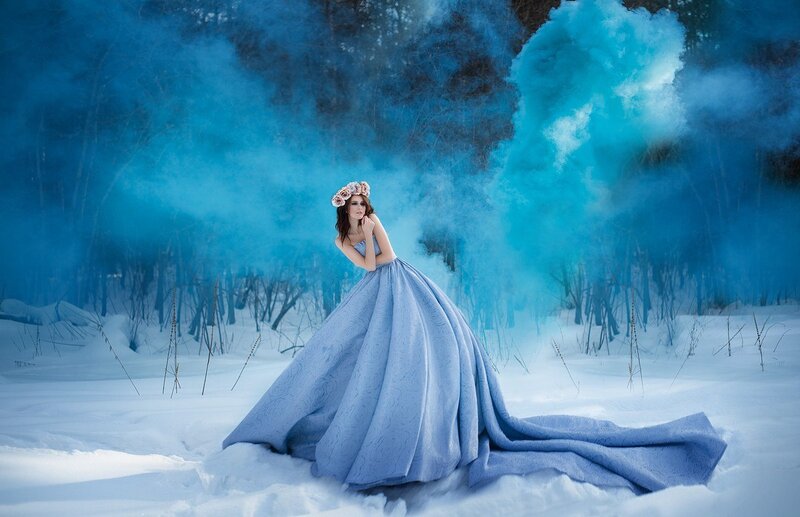 Woman in Blue Gown — Dramatic, Winter, Photograph, Flowers
