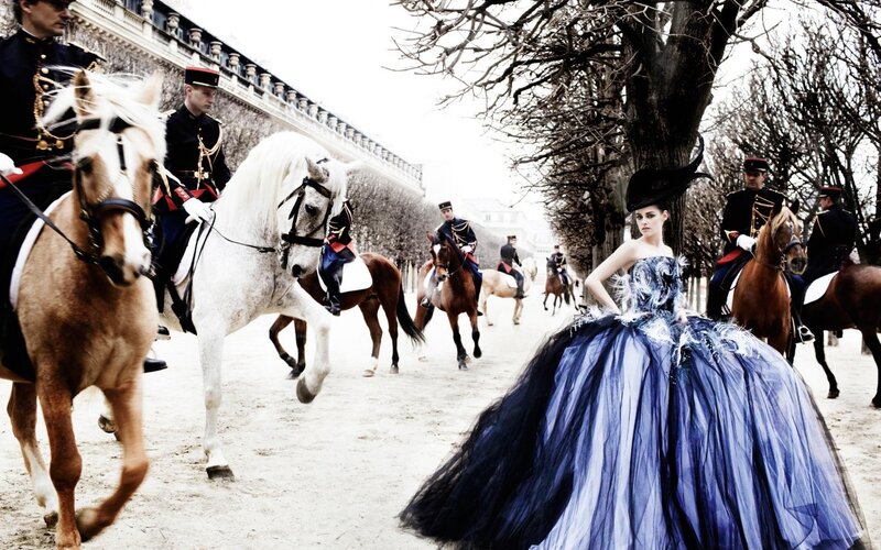 Woman in Blue Gown — Dramatic, Winter, Photograph, Horses