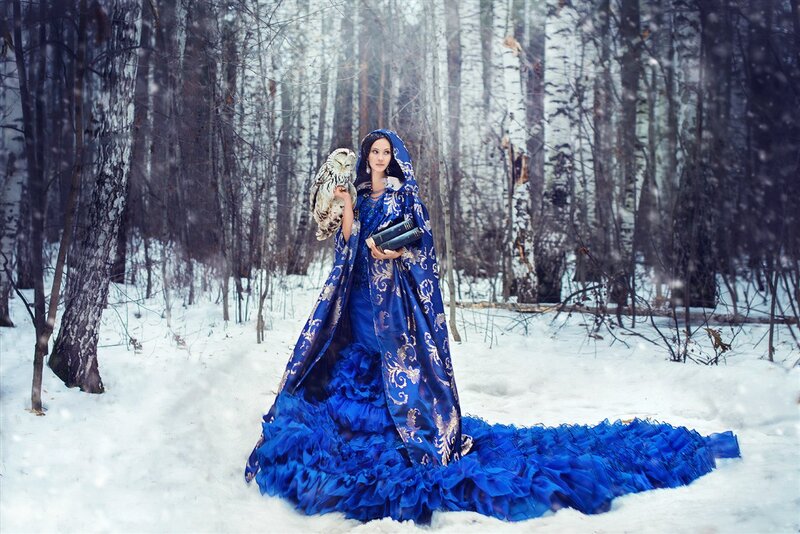 Woman in Blue Gown — Dramatic, Winter, Photograph, Owl