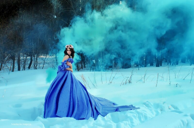 Woman in Blue Gown — Dramatic, Winter, Photograph, Snow, Trees
