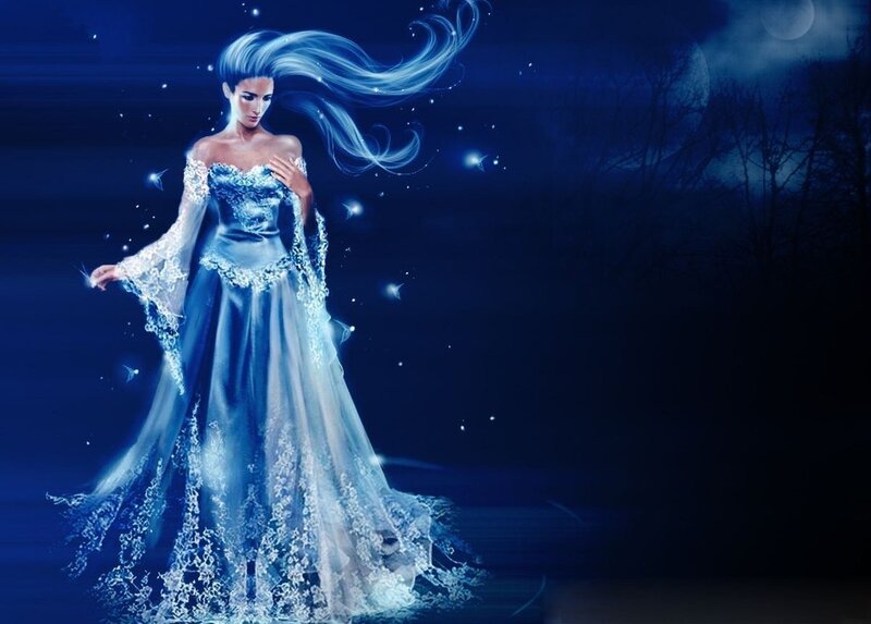 Woman in Blue Gown — Mystical, Night, Digital Art