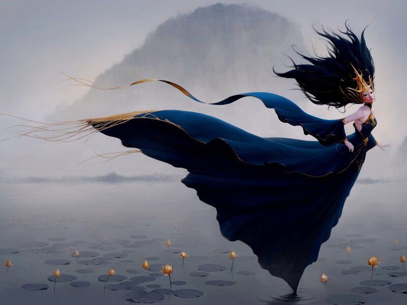 Woman in Blue Gown — Serene, Digital Art, Mountain