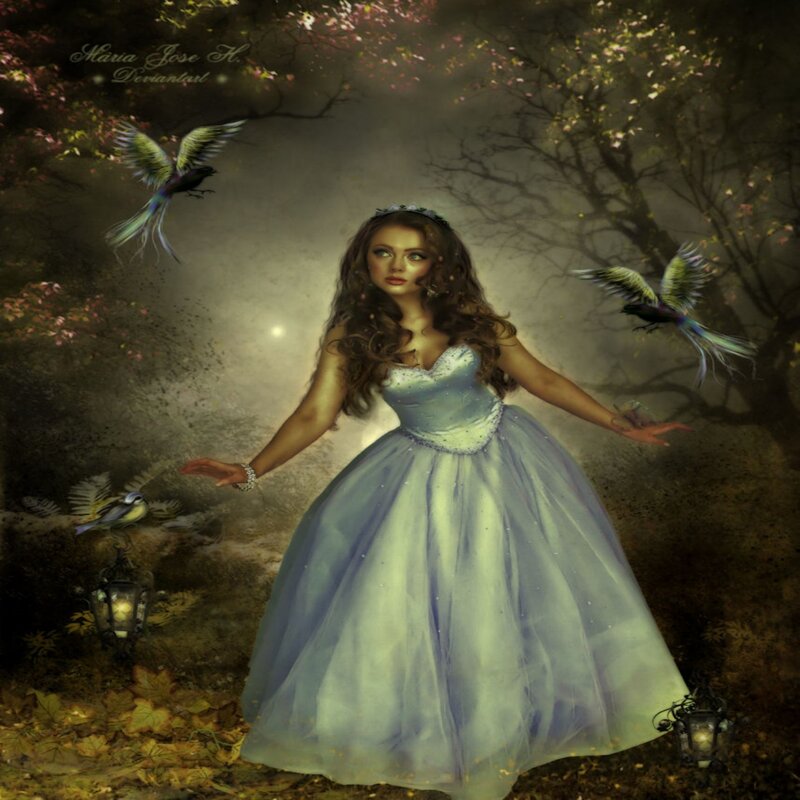 Woman in Blue Gown — Serene, Night, Digital Art, Birds