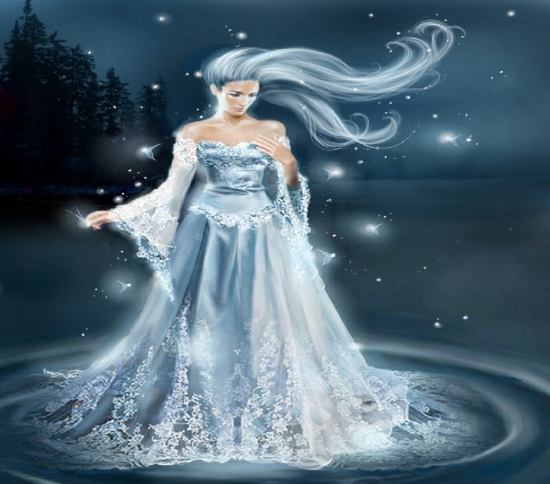 Woman in Blue Gown — Serene, Night, Digital Art, Forest