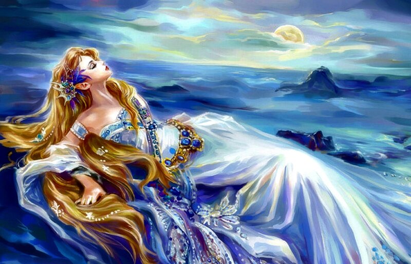 Woman in Blue Gown — Serene, Night, Digital Art, Ocean