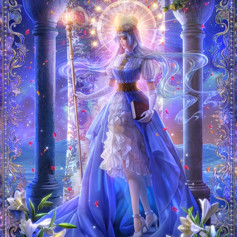 Woman in Blue Gown — Serene, Night, Digital Art, Staff