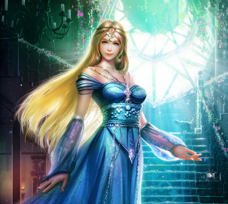 Woman in Blue Gown — Serene, Night, Digital Art, Stairs