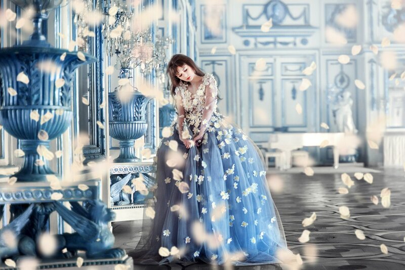 Woman in Blue Gown — Serene, Photograph, Flowers