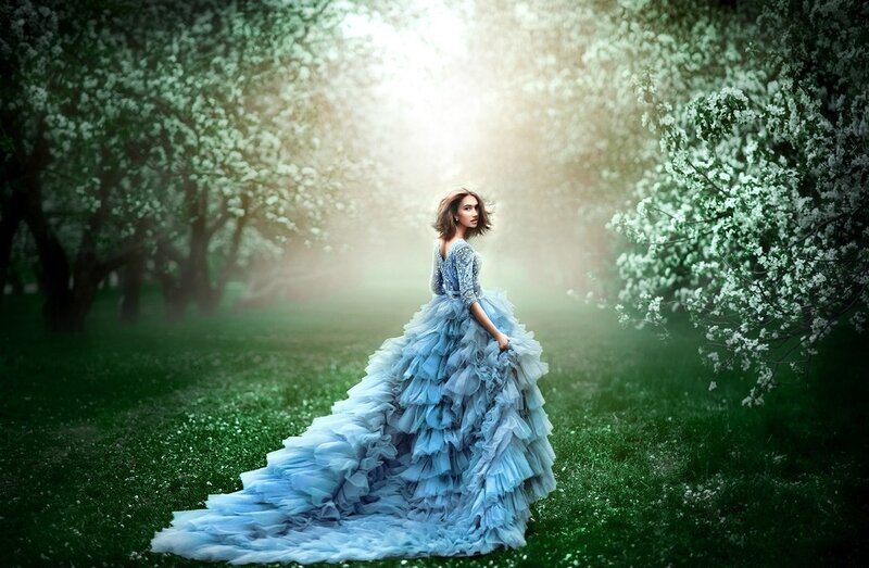 Woman in Blue Gown — Serene, Spring, Photograph, Flowering Trees