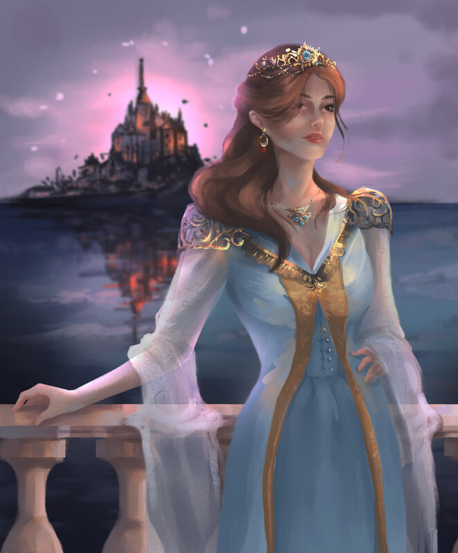 Woman in Blue Gown — Serene, Sunset, Digital Art, Castle