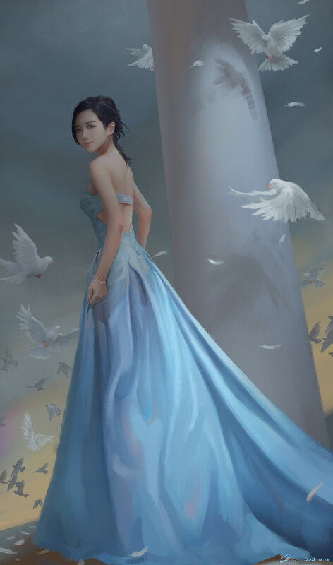 Woman in Blue Gown — Serene, Sunset, Digital Art, Doves